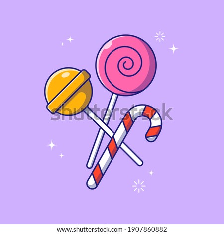 Delicious Sweet Candies in Bright Covers, Striped Cane, and Lollipops Suitable for Banner, Flyer, and Poster. Food and Drinks Icon Concept. Flat Cartoon Vector Illustration Isolated.
