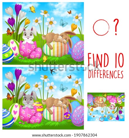 Kids game find ten differences with Easter rabbits and eggs. Vector puzzle with cute cartoon bunnies on green spring meadow with flowers and butterflies. Educational children riddle, leisure activity Royalty-Free Stock Photo #1907862304