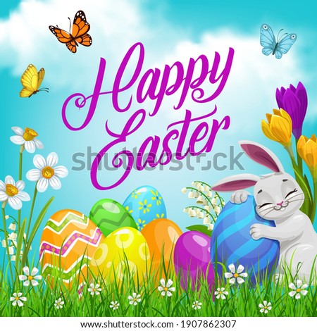 Easter bunny with eggs, vector religion holiday egg hunt. Easter rabbit cartoon character on spring field with green grass blades, flowers of daffodil, crocus and lily of valley, butterflies, blue sky Royalty-Free Stock Photo #1907862307