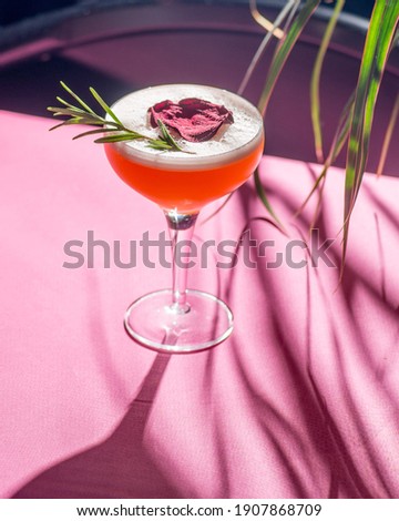 tropical cocktail on a background of foliage, shadows from the sun. Pink background Royalty-Free Stock Photo #1907868709