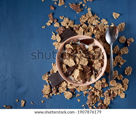 Cereals of oat flakes with chocolate in a bowl with hot milk
