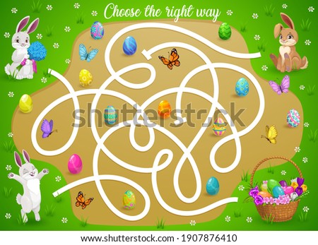 Kids maze game help Easter bunnies choose right way to get eggs basket. Vector labyrinth puzzle, find correct direction board game. Task with tangled path and rabbits. Education children riddle sheet Royalty-Free Stock Photo #1907876410