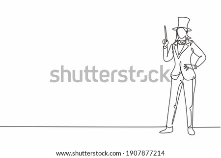Single continuous line drawing young beauty female magician holding magic wand with hands on hip. Professional work job occupation. Minimalism concept one line draw graphic design vector illustration
