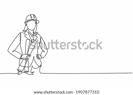 Single continuous line drawing of young beautiful female architect on suit holding hands on hip. Professional work job occupation. Minimalism concept one line draw graphic design vector illustration