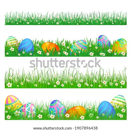 Easter eggs and green grass vector borders of Easter egg hunt religion holiday design. Spring grass blades, white flowers and blooming herbs banner, Resurrection Sunday decoration Royalty-Free Stock Photo #1907896438
