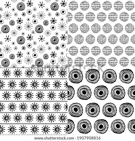 Set of black and white backgrounds, Abstract geometric shapes and doodles, Seamless vector patterns