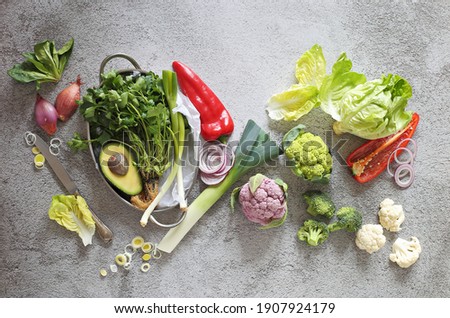 Plant based raw food seasonal vegetables background. Vegetarian, vegan food cooking ingredients. Flat-lay, copy space