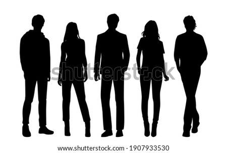 Vector silhouettes of  men and a women, a group of standing  business people, black  color isolated on white background Royalty-Free Stock Photo #1907933530