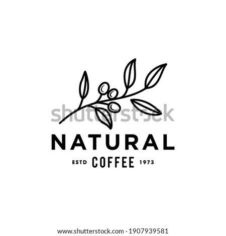 coffee bean plant branch hipster minimal logo vector with leaf simple line outline icon for natural cafe concept.