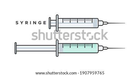 Empty syringe and full syringe. For vaccination, injection, medical use. Vector illustration, flat design Royalty-Free Stock Photo #1907959765