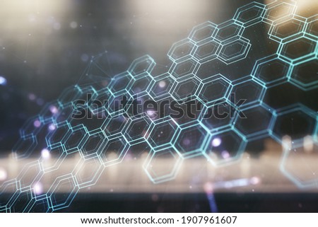 Abstract virtual technology sketch with hexagon grid on contemporary business center exterior background, future technology and AI concept. Double exposure