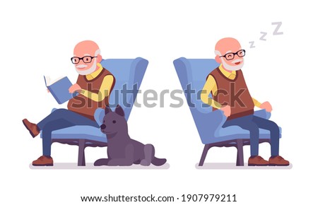 Old man, elderly person resting in armchair, sleeping, reading book. Senior citizen, retired grandfather in glasses, old pensioner. Vector flat style cartoon illustration isolated on white background