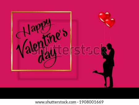 Valentine's Day, love and relationships. Beautiful couple with balloons in the shape of red hearts in fashion pink color background. Golden frame and Valentine black lettering text