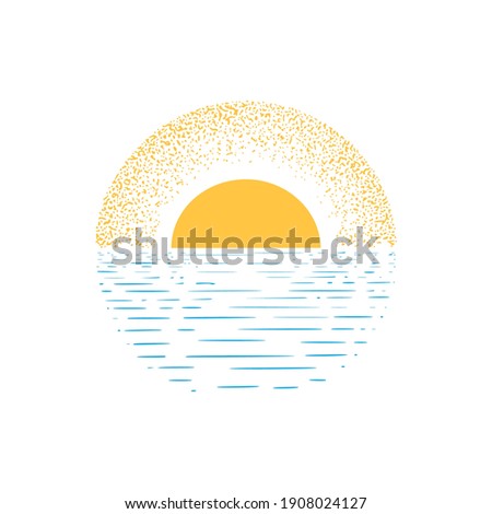 illustrations of sunset or sunrise from the sea, dotes and line blue and yellow color vector