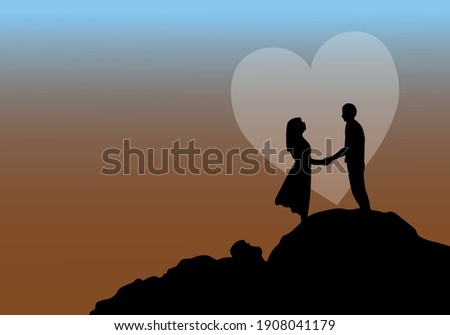 Silhouette of romantic couple holding their hands while standing on the hill. Couple in Love Having Romantic Date at sunset. Man and Woman Holding Hands and big heart their background. 