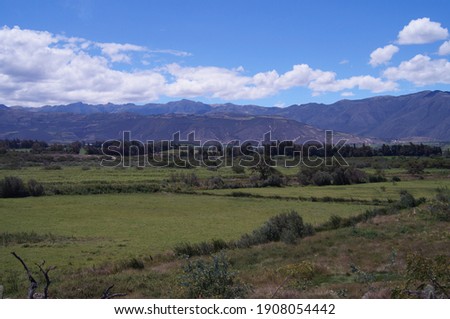 A mountain range in the distance beyond a green field with trees on a partly cloudy day. 