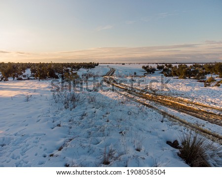 An aerial shot of a street in the rural area with bushes and trees covered with snow