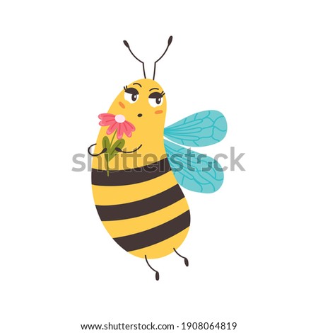 Bee sniffs flowers. Bumblebees enjoy the scent of a flower bud. Character funny animal. Vector illustration