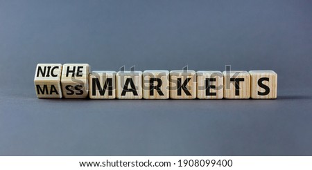 Mass or niche markets symbol. Turned wooden cubes and changed words 'mass markets' to 'niche markets'. Beautiful grey background, copy space. Business and mass or niche markets concept.