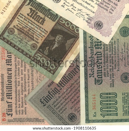 Old historic German inflation bank notes. The Rentenmark was a currency issued on 15 November 1923 to stop the hyperinflation of 1922 and 1923 in Weimar Germany.