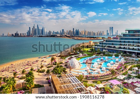 Dubai Marina Iconic and famous Jumeirah beach at sunrise, United Arab Emirates