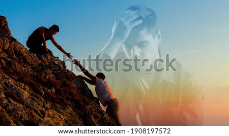 Giving a helping hand to someone in need. With sad depressed man Royalty-Free Stock Photo #1908197572