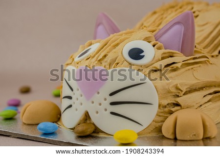 Funny cat with bow tie and birthday cake 