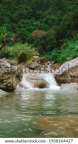 A vertical shot of a river surrounded by rock formations and greenery