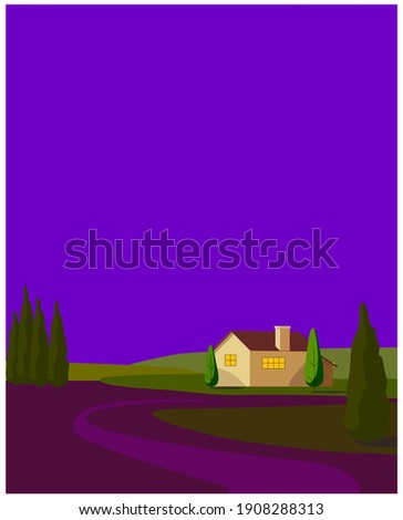 Nature landscape, mountain,lake,tree on blue violet background vector illustration.