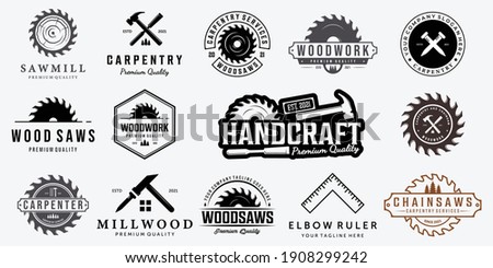 Set Bundle Carpentry Vector Logo, Design Illustration Carpenter Vintage Line Art, Hammer Steel Saws Concept Royalty-Free Stock Photo #1908299242