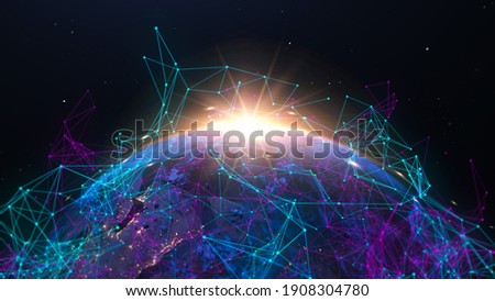 Concept of communication network technology for internet business. World of global network and telecommunication on earth cryptocurrency,IoT and blockchain. Elements of this image furnished by NASA. Royalty-Free Stock Photo #1908304780