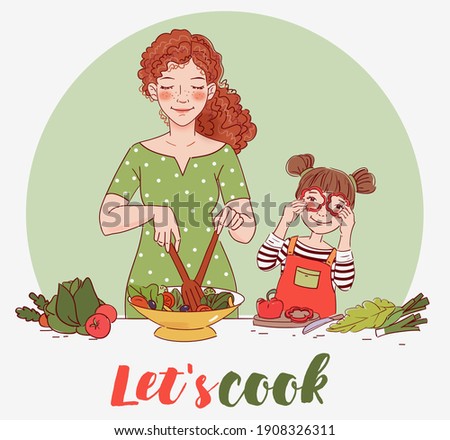 Mother with her little daughter preparing food indoors in kitchen. Happy family having fun. Young woman cooking in the kitchen and cute girl playing with vegetables. Healthy food illustration