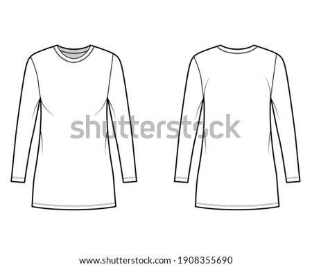 T-shirt dress technical fashion illustration with crew neck, long sleeves, mini length, oversized, Pencil fullness. Flat apparel template front, back, white color. Women, men, unisex CAD mockup