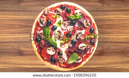 Pizza with salami and olives, advertising background. 3D rendering.