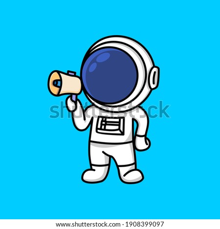 Cute astronaut holding loudspeaker calling for attention cartoon illustration Royalty-Free Stock Photo #1908399097