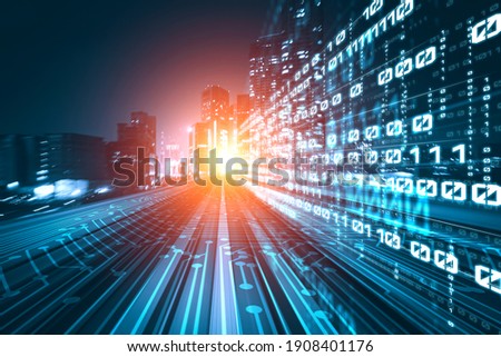 Digital data flow on road with motion blur to create vision of fast speed transfer . Concept of future digital transformation , disruptive innovation and agile business methodology . Royalty-Free Stock Photo #1908401176