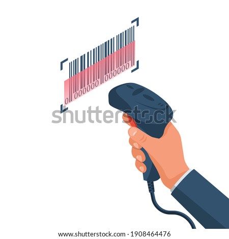 The operator holds a barcode scanner hand. Barcode isolated. Equipment for accounting of goods. Vector illustration isometric design. Isolated on white background.
 Royalty-Free Stock Photo #1908464476