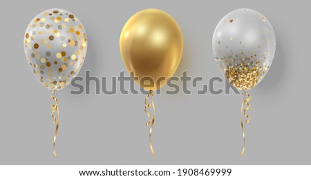 Set of three realistic ballons, gold, transparent with golden confetti, paper circles and ribbons. Vector illustration for card, party, design, flyer, poster, decor, banner, web, advertising.  Royalty-Free Stock Photo #1908469999