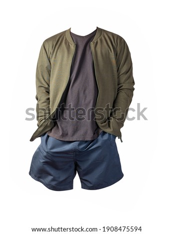 mens dark green bomber jacket,black t-shirt and dark blue sports shorts isolated on white background. fashionable casual wear