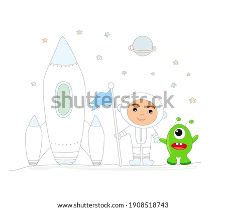 cute boy astronaut and alien - funny isolated illustration 
