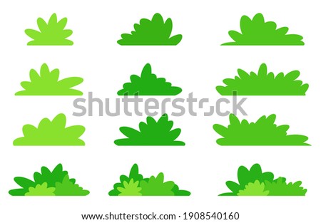 Simple bush set in green color. Flat vector design in minimalistic cartoon style. Garden bushes collection isolated on white background. Royalty-Free Stock Photo #1908540160