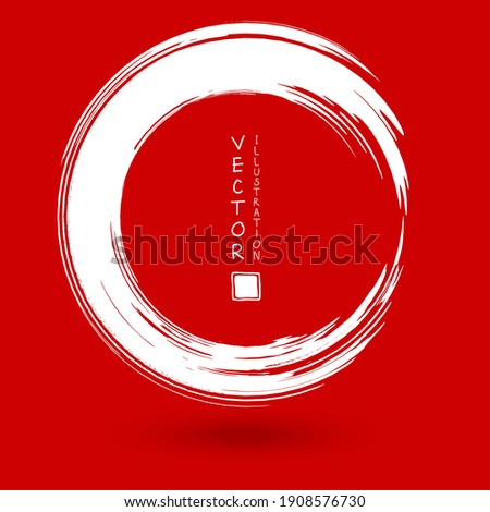 White ink round stroke on red background. Japanese style. Vector illustration of grunge circle stains