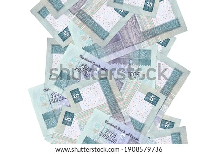 5 Egyptian pounds bills flying down isolated on white. Many banknotes falling with white copy space on left and right side