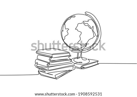 Earth globe beside books stack. Continuous one line drawing minimalist vector illustration design on white background. Simple line modern graphic style. Hand drawn graphic concept for education
