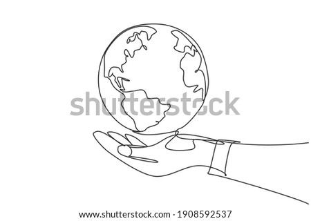 Single one line drawing of hands hold round earth. Globe icon silhouette for world protect concept. Infographics, business presentation isolated on white background. Design vector graphic illustration