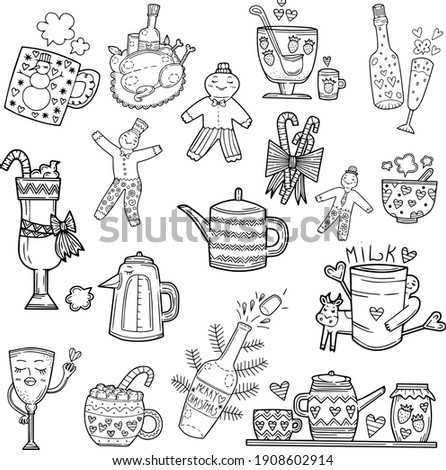 Christmas set. Design elements, childish. Cute cartoon style. New Year's cards. Festive drinks and food, kitchen utensils, cozy home. Scandinavian style. Coloring pages. Clip art, advertising, menu.