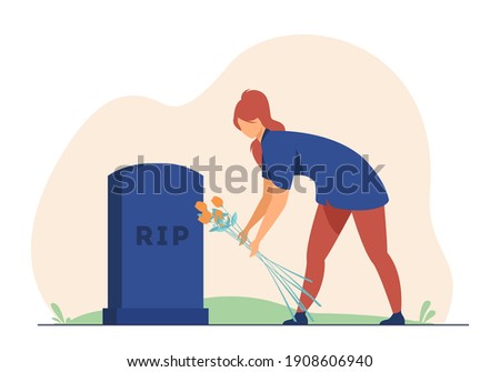 Woman visiting relatives grave. Person laying flowers at headstone. Flat vector illustration. Grief, monument, cemetery concept for banner, website design or landing web page Royalty-Free Stock Photo #1908606940