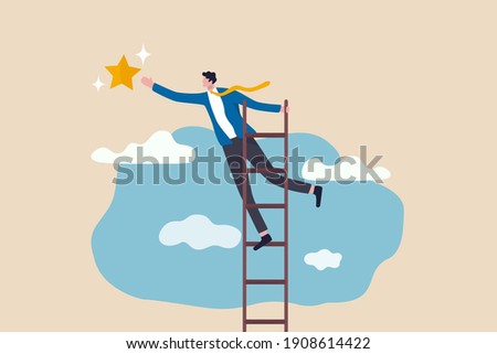 Business opportunity, ladder of success or aspiration to achieve business goal concept, ambitious businessman climbing ladder to the the top and reaching for the shining star. Royalty-Free Stock Photo #1908614422