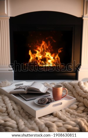 Cup of coffee, cookies and books on knitted blanket near burning fireplace indoors. Cozy atmosphere