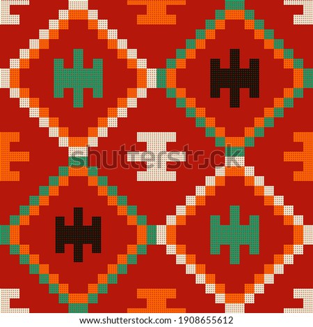 Geometric shapes from points. Mexican plaid. Seamless pattern. Design with manual hatching. Textile. Ethnic boho ornament. Vector illustration for web design or print.
